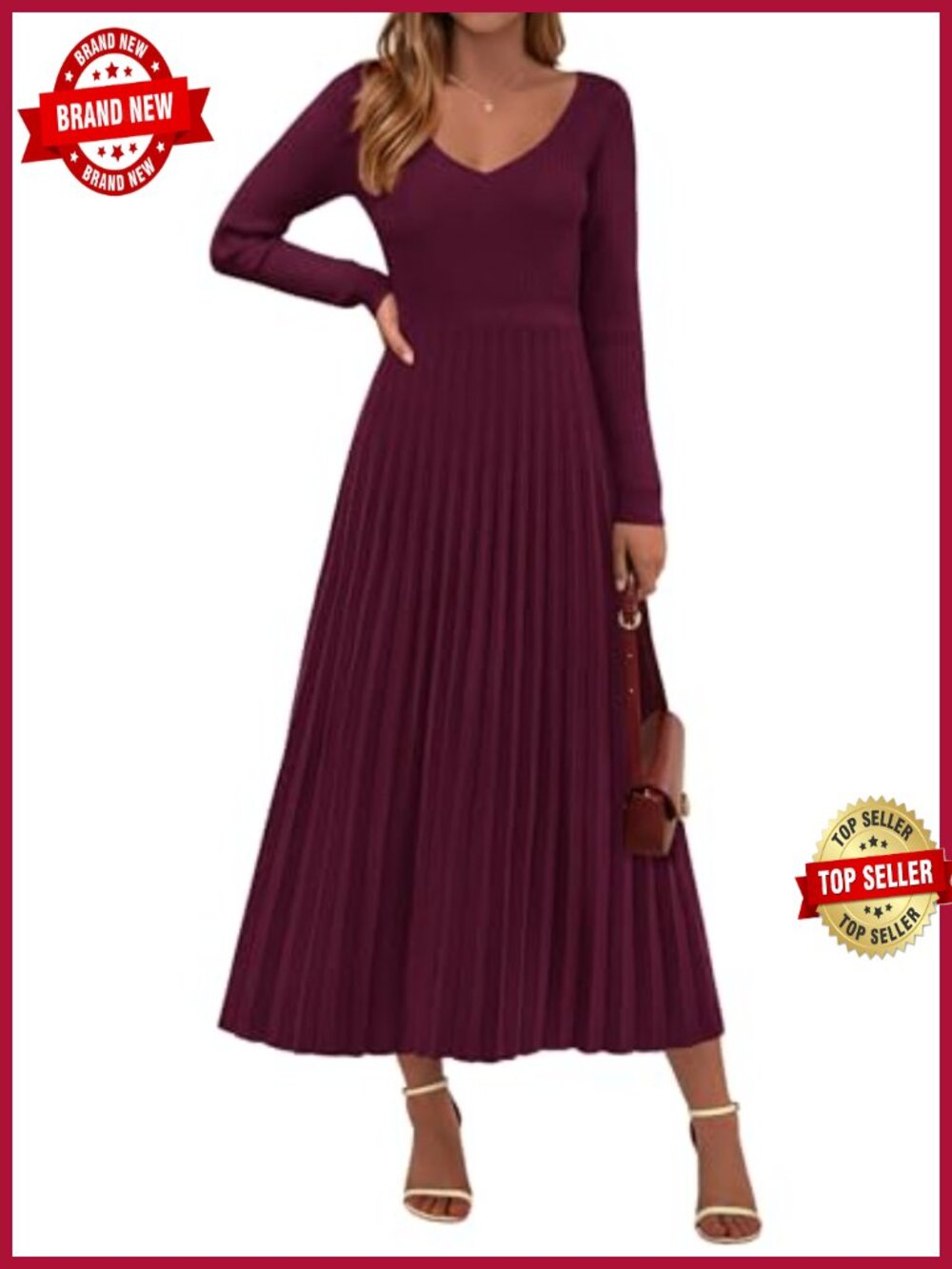 PRETTYGARDEN Sweater Dress Long Sleeve Maxi Pleated Ribbed Knit Women's